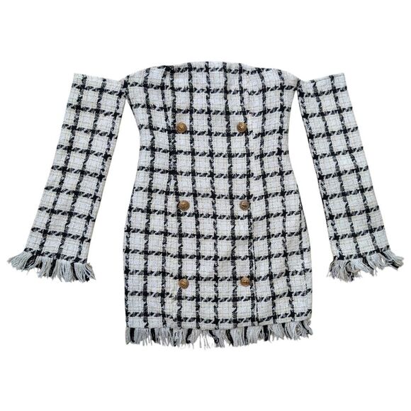 DONNEE PAR DIEU Off-The-Shoulder Black and White Tweed Houndstooth Mini Dress -M - Picture 2 of 6